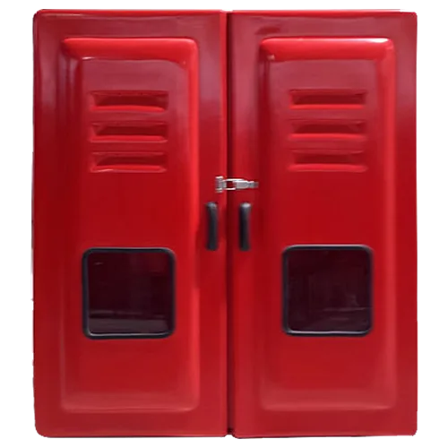 Foto de Imagem do Abrigo para Mangueiras Código 1093. A caixa é grande, retangular vertical, na cor vermelha, feita de fibra de vidro. Possui porta sobreposta, visor central e ferragens prateadas em aço inox. Projetada para armazenar quatro mangueiras de 15 metros com amplo espaço interno.