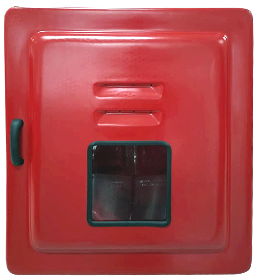 Foto de Imagem do Abrigo para Mangueiras Código 663. A caixa é quadrada e profunda, na cor vermelha, feita de fibra de vidro. Possui porta sobreposta, visor central e ferragens prateadas em aço inox. Projetada para armazenar duas mangueiras de 30 metros.