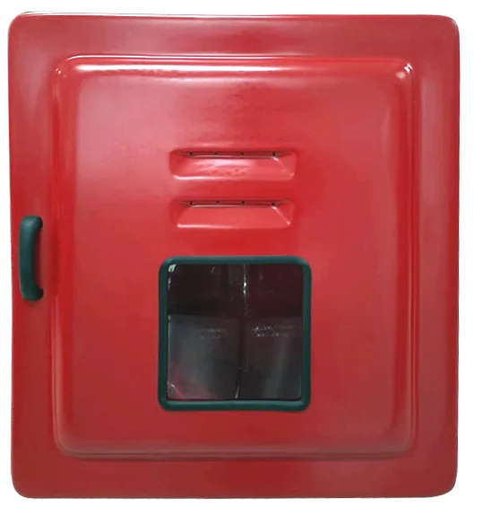 Foto de Imagem do Abrigo para Mangueiras Código 663. A caixa é quadrada e profunda, na cor vermelha, feita de fibra de vidro. Possui porta sobreposta, visor central e ferragens prateadas em aço inox. Projetada para armazenar duas mangueiras de 30 metros.