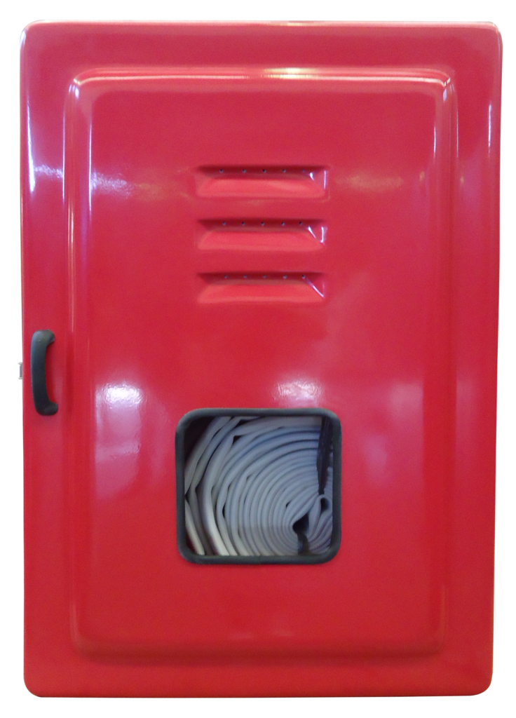 Foto de Imagem do Abrigo para Mangueiras Código 963. A caixa é grande, retangular e profunda, na cor vermelha, feita de fibra de vidro. Possui porta sobreposta, visor central e ferragens prateadas em aço inox. Projetada para armazenar duas mangueiras de 30 metros com folga.