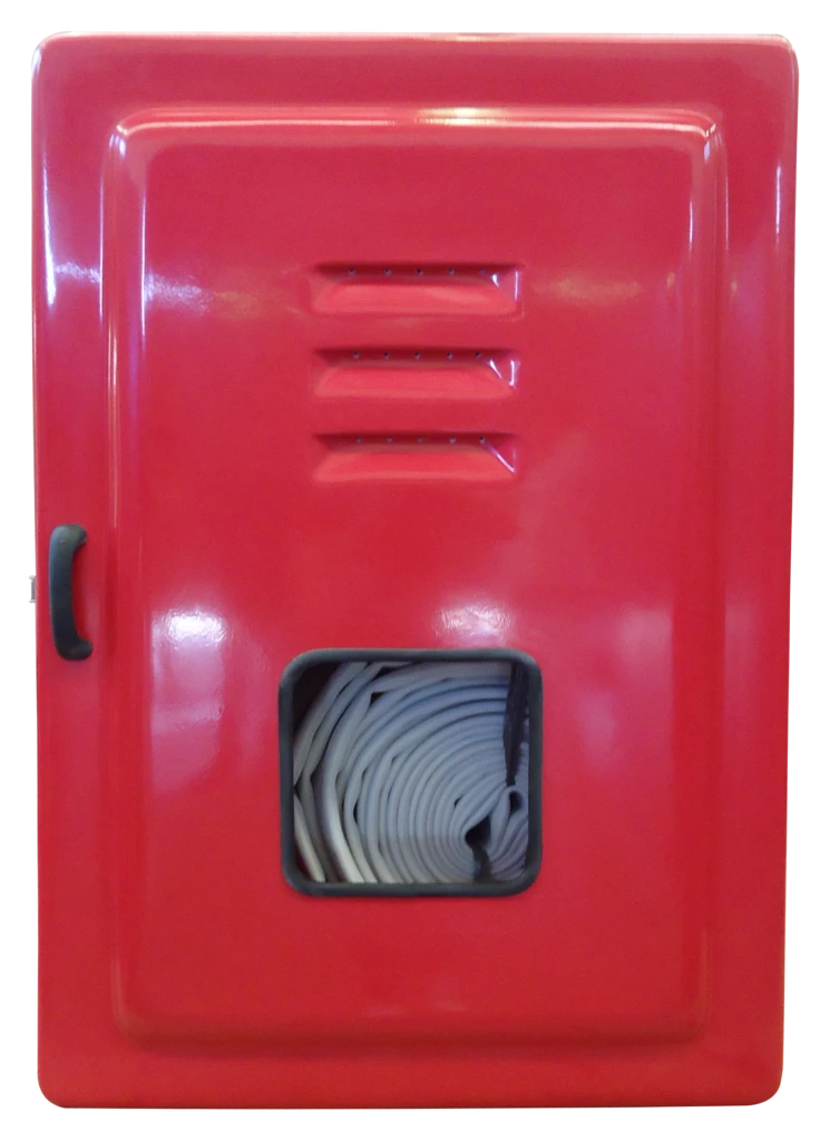 Foto de Imagem do Abrigo para Mangueiras Código 963. A caixa é grande, retangular e profunda, na cor vermelha, feita de fibra de vidro. Possui porta sobreposta, visor central e ferragens prateadas em aço inox. Projetada para armazenar duas mangueiras de 30 metros com folga.