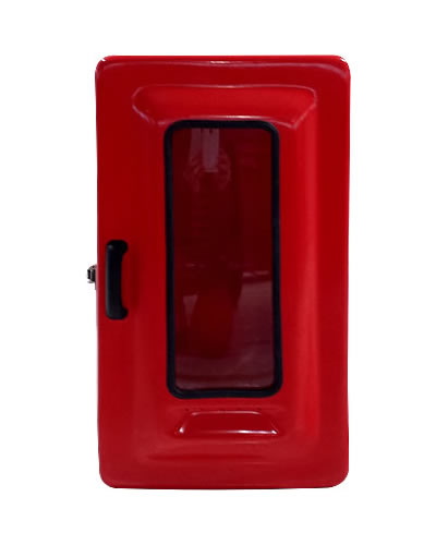 Foto de Imagem de um abrigo para extintor vermelho, modelo código 632, feito em fibra de vidro. O abrigo possui visor transparente na porta, fechos em inox e design compacto para extintores de 4kg.