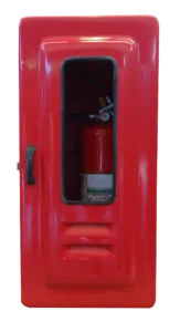 Imagem do Abrigo para Extintor Código 833, de cor vermelha, fabricado em fibra de vidro. O modelo universal apresenta design robusto, visor transparente e ferragens em aço inox.