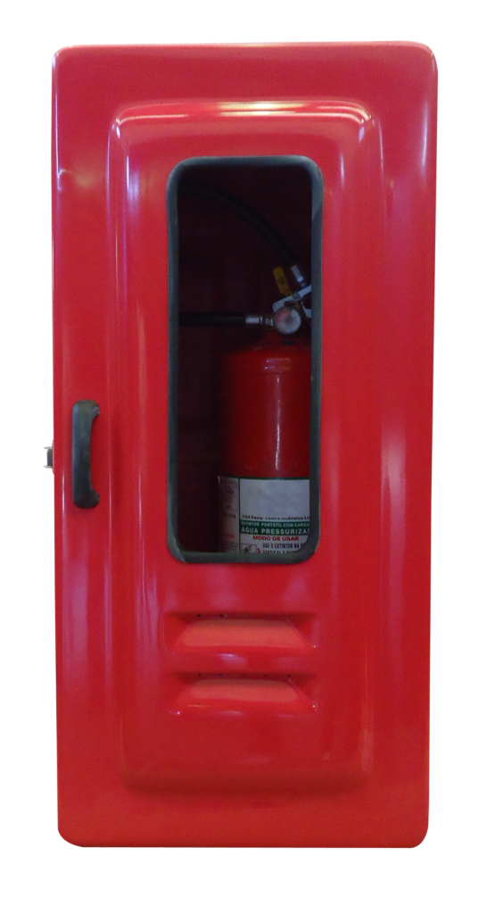 Foto de Imagem do Abrigo para Extintor Código 833, de cor vermelha, fabricado em fibra de vidro. O modelo universal apresenta design robusto, visor transparente e ferragens em aço inox.