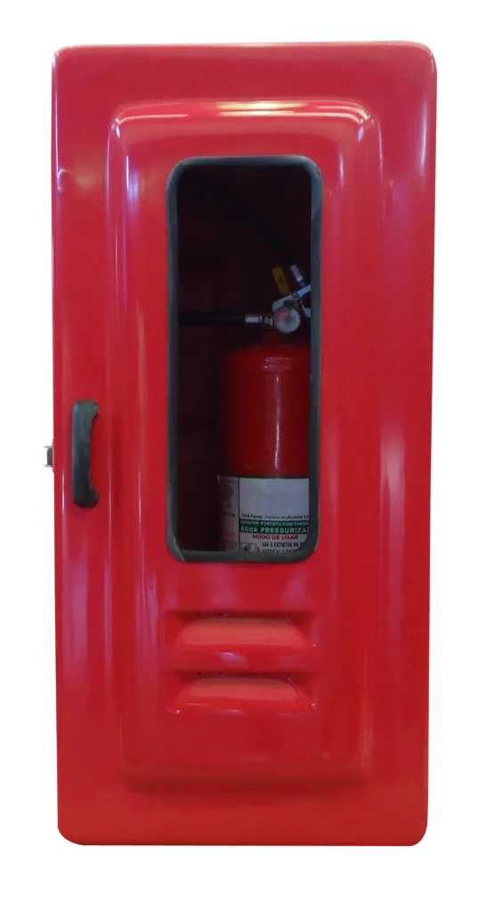 Foto de Imagem do Abrigo para Extintor Código 833, de cor vermelha, fabricado em fibra de vidro. O modelo universal apresenta design robusto, visor transparente e ferragens em aço inox.