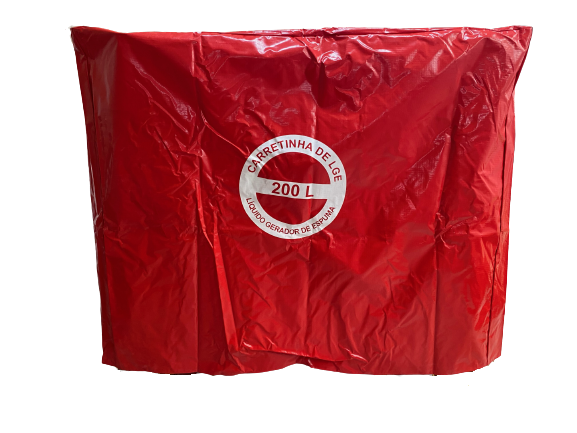 Foto de Imagem de uma capa protetora vermelha modelo C200 para carretinha de espuma de 200L. A capa é feita de lona resistente e sinaliza o equipamento de combate a incêndio.