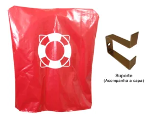 Imagem de uma capa de proteção vermelha para bóia salva-vidas. A capa possui um desenho branco e um suporte metálico para fixação na parede.