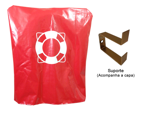 Foto de Imagem de uma capa de proteção vermelha para bóia salva-vidas. A capa possui um desenho branco e um suporte metálico para fixação na parede.
