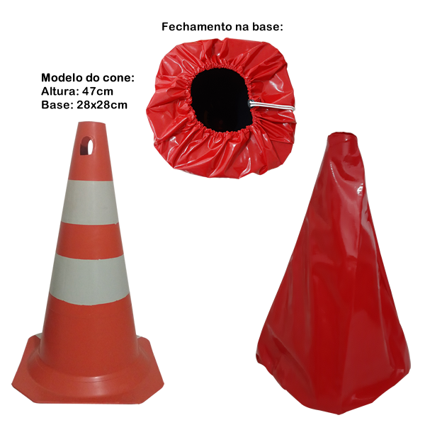 Foto de Imagem de uma capa vermelha feita de material sintético cobrindo uma pilha de cones. A capa tem formato triangular e protege os equipamentos da poeira.
